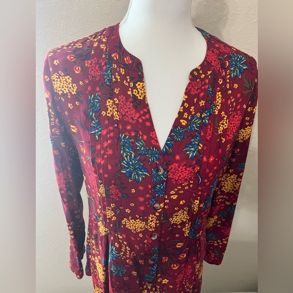 Anthropologie Maeve Red Floral Viscose Button Printed Pintucked Blouse Sz S - Picture 4 of 10